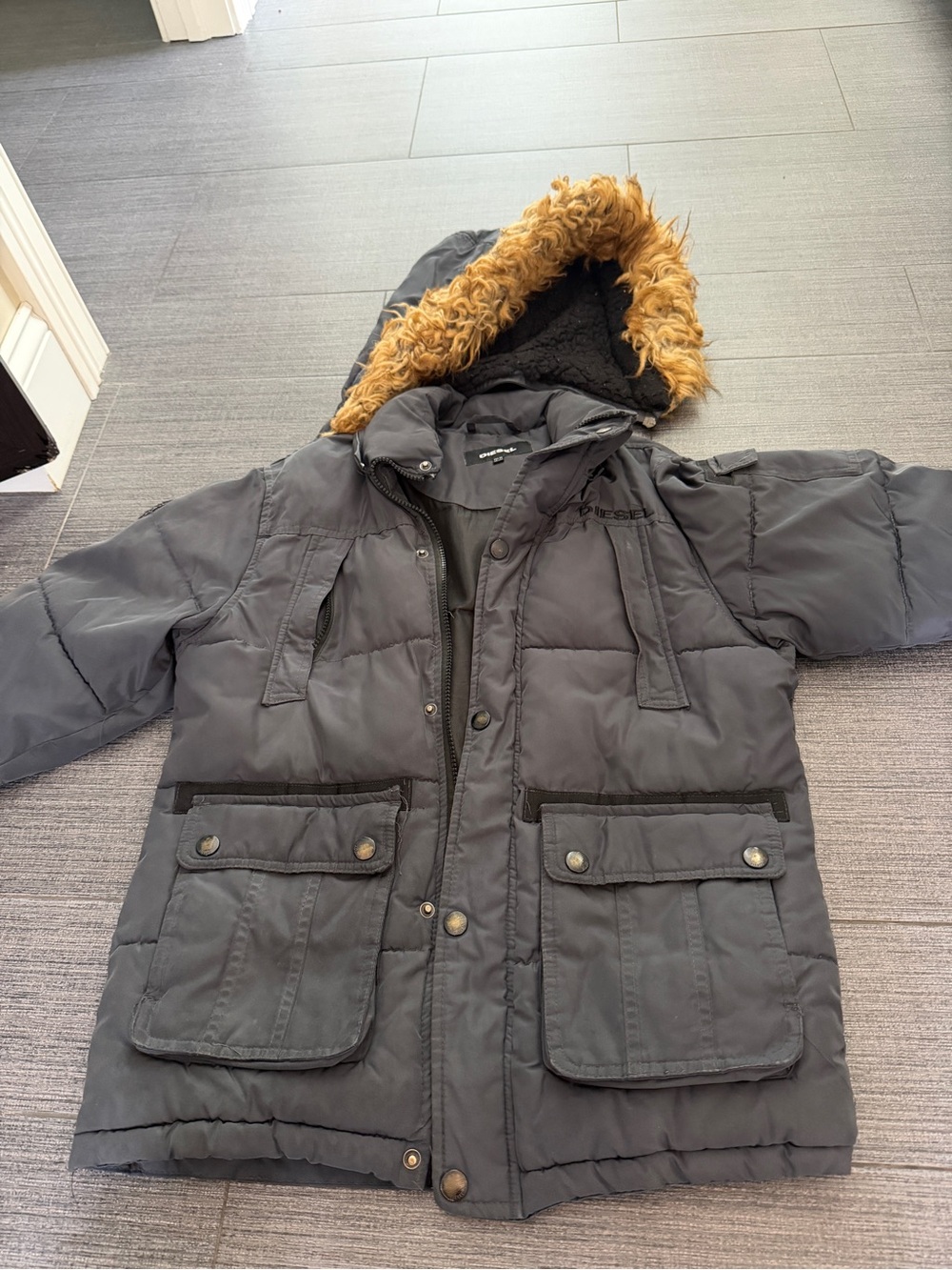 Diesel Kids Gray Warm Hooded Winter Jacket with Faux Fur Trim